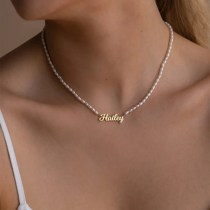 Signature Name necklace with pearl chain