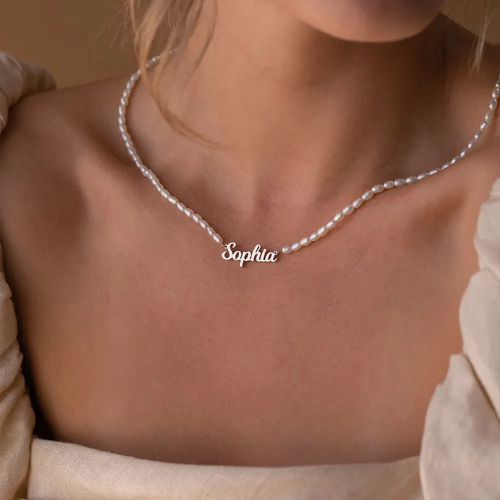 Signature Name necklace with pearl chain