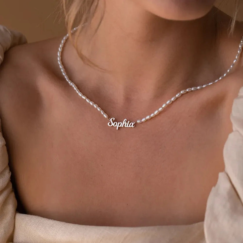 Signature Name necklace with pearl chain